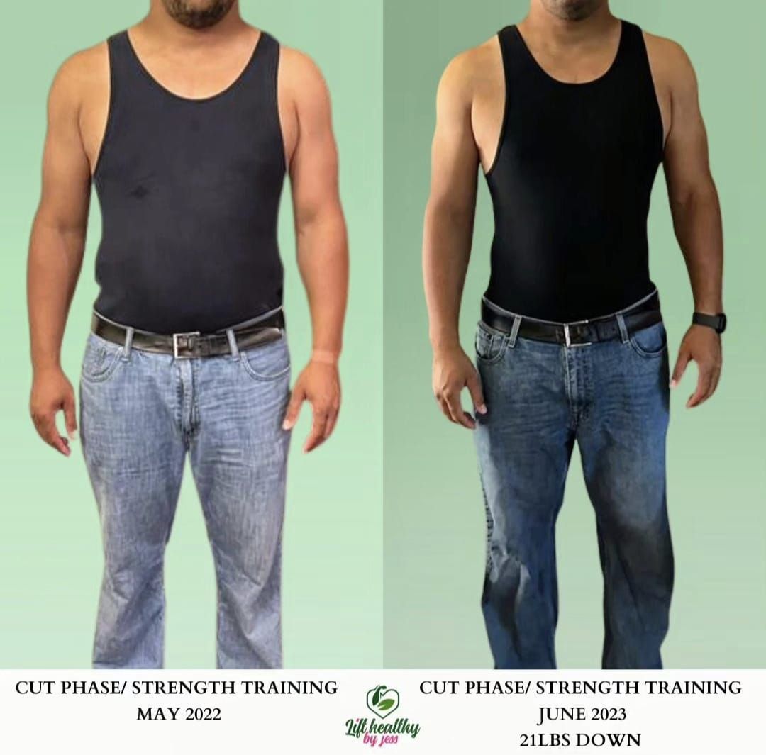 Two pictures of a man wearing a black tank top and jeans