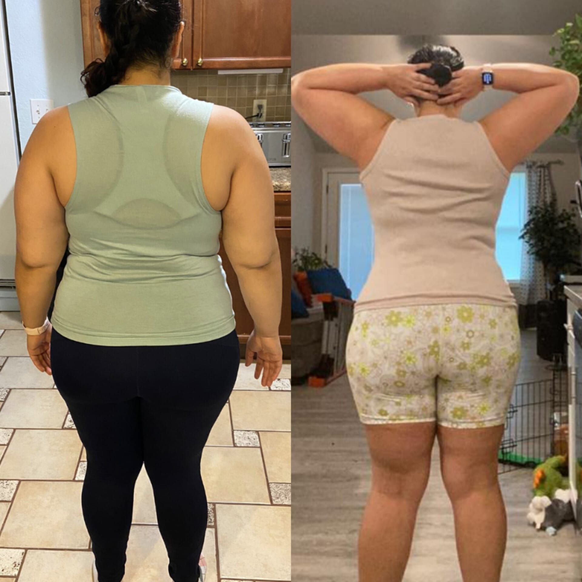 A woman in a tank top and shorts is standing in a kitchen