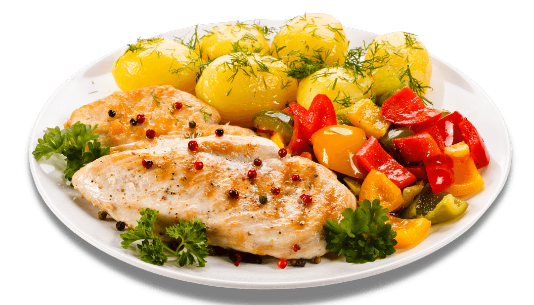 A white plate topped with chicken , potatoes and vegetables.