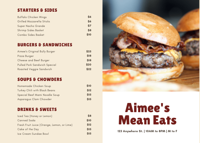 A menu for aimee 's mean eats with a picture of a hamburger