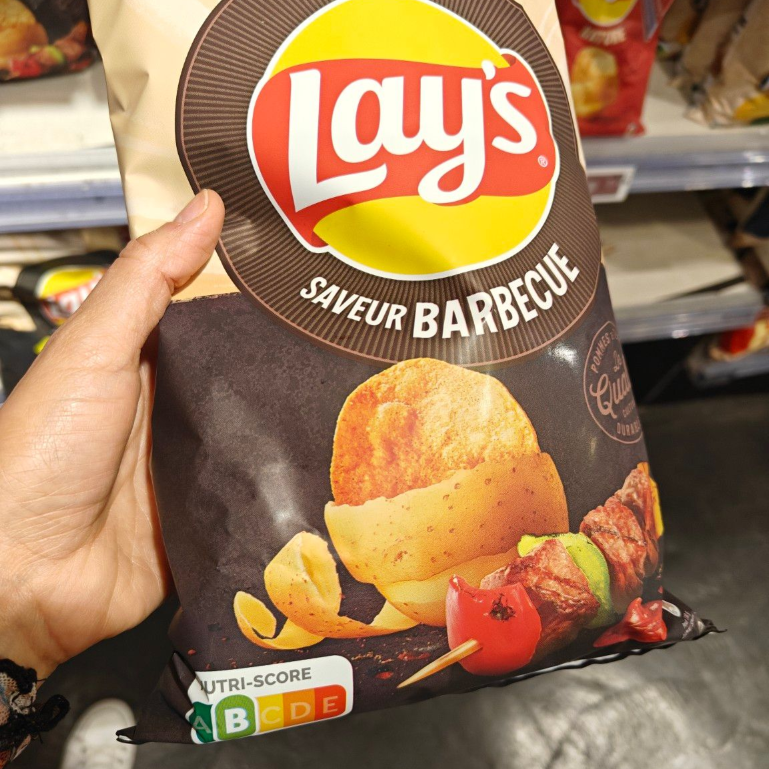 Hand holding a bag of Lay's Barbecue potato chips. Brown bag with chips and kabob graphic.