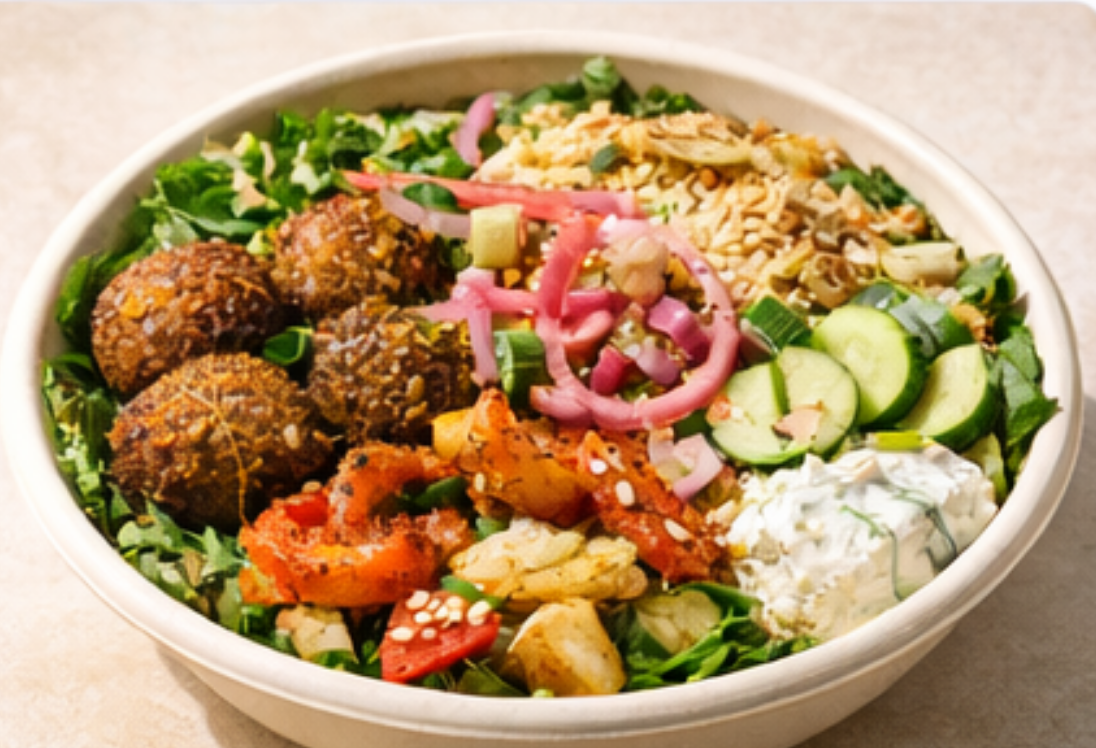 Plant-based CAVA falafel bowl with vegetables