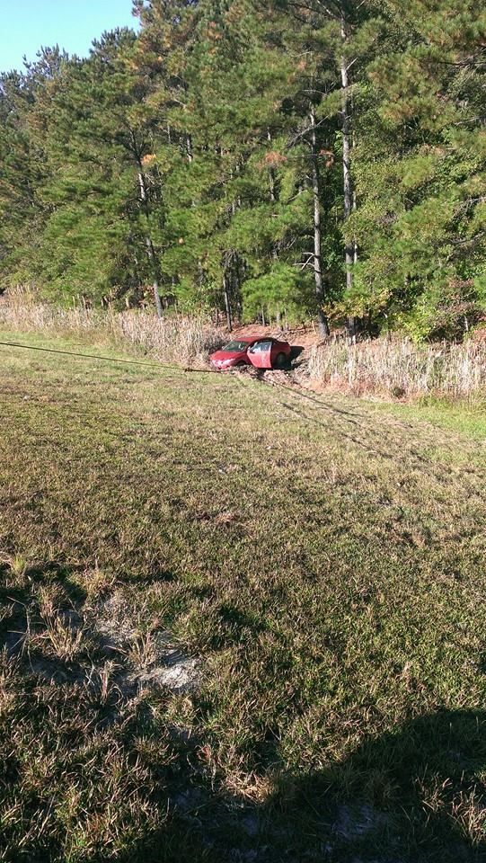 Red car in a ditch near a forest. Green and brown grass in the foreground. Trees in the background.