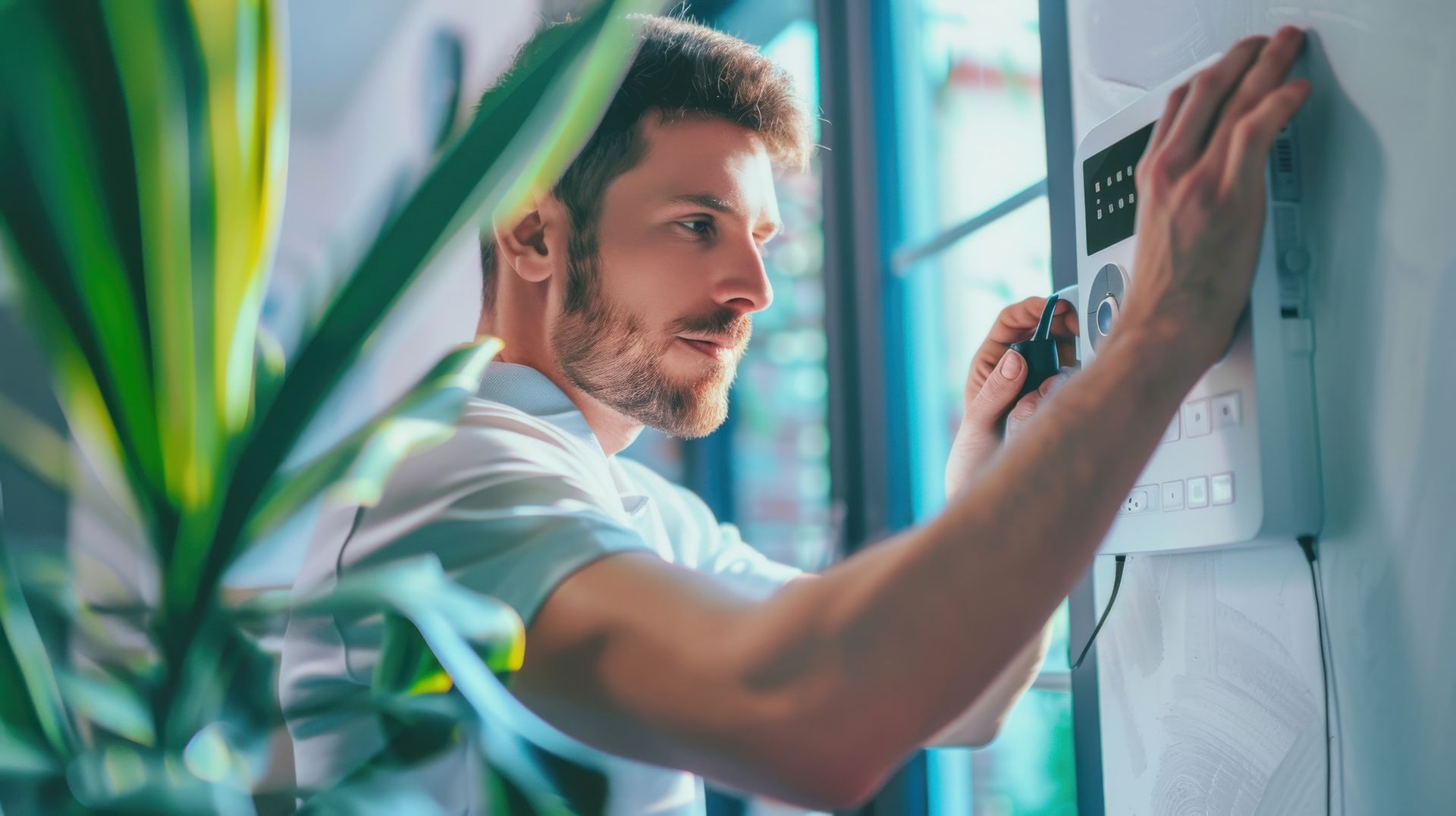 A man is installing a security system on a wall.
