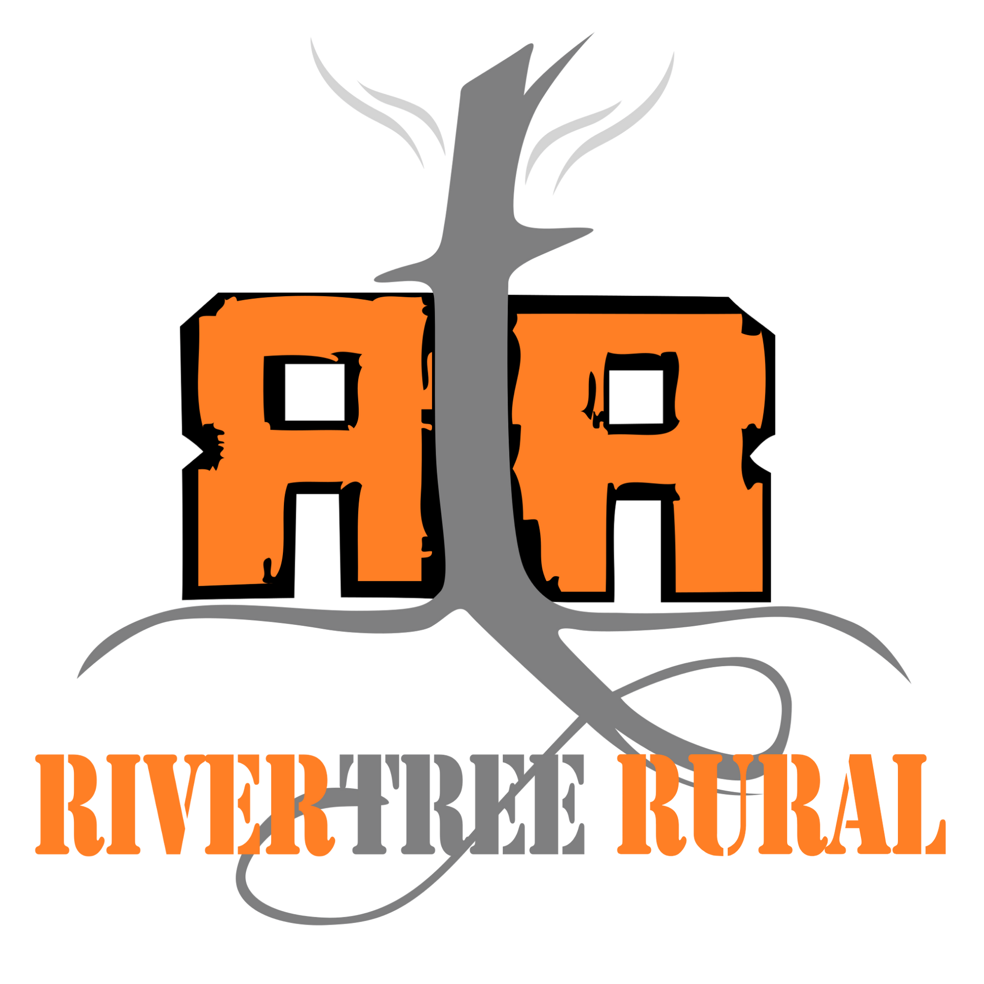 Logo for RiverTree Rural featuring orange letters 'RR' entwined with a grey tree trunk and roots, with text below.