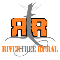 Logo for RiverTree Rural featuring orange letters 'RR' entwined with a grey tree trunk and roots, with text below.