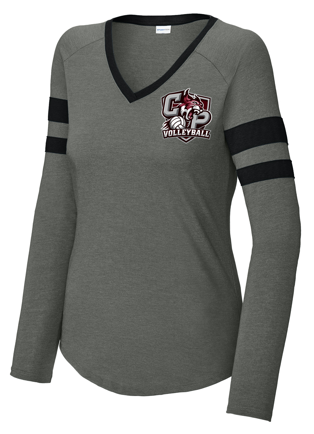 Gray long-sleeve V-neck shirt with black trim and striped sleeves, featuring a chest logo.