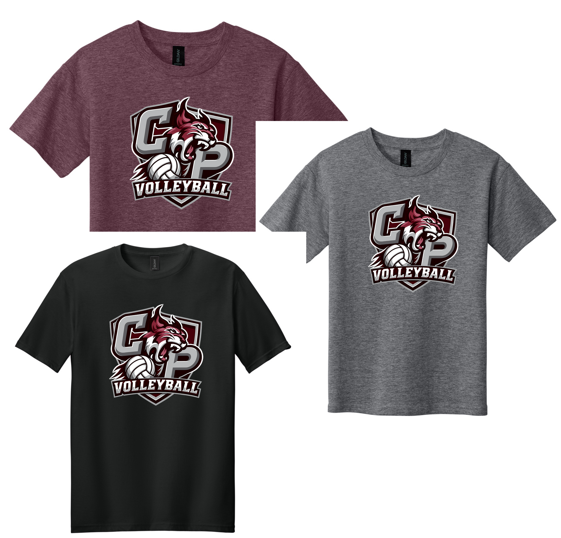 Three volleyball-themed T-shirts in maroon, gray, and black with a white-red logo.