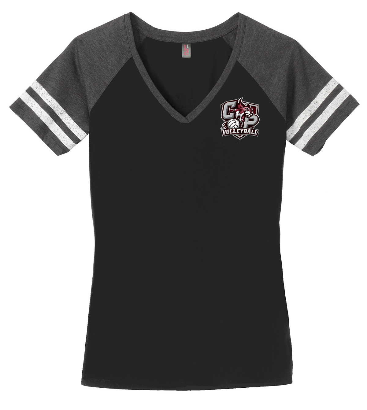 Black V-neck T-shirt with gray striped sleeves and small chest logo
