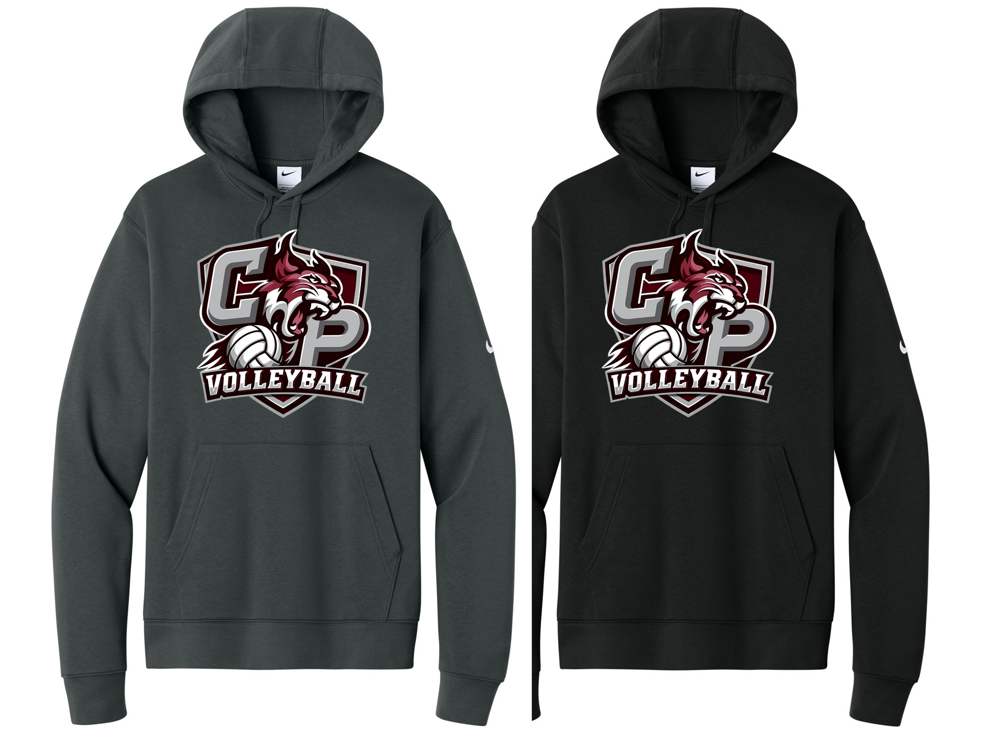 Two hooded volleyball sweatshirts, one gray and one black, with a red-and-white mascot logo.