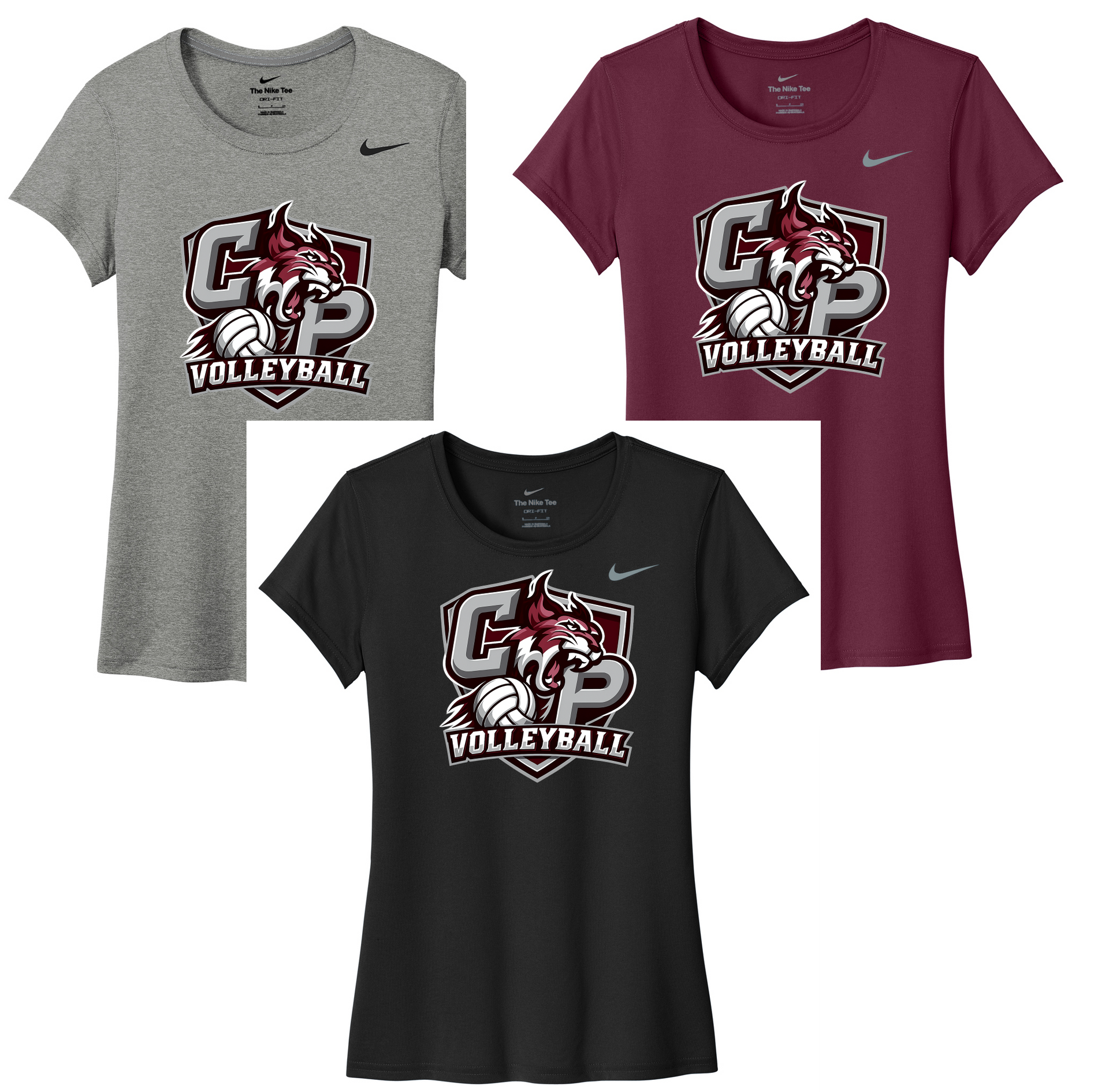 Three nike volleyball graphic T-shirts in gray, maroon, and black with a central team logo.