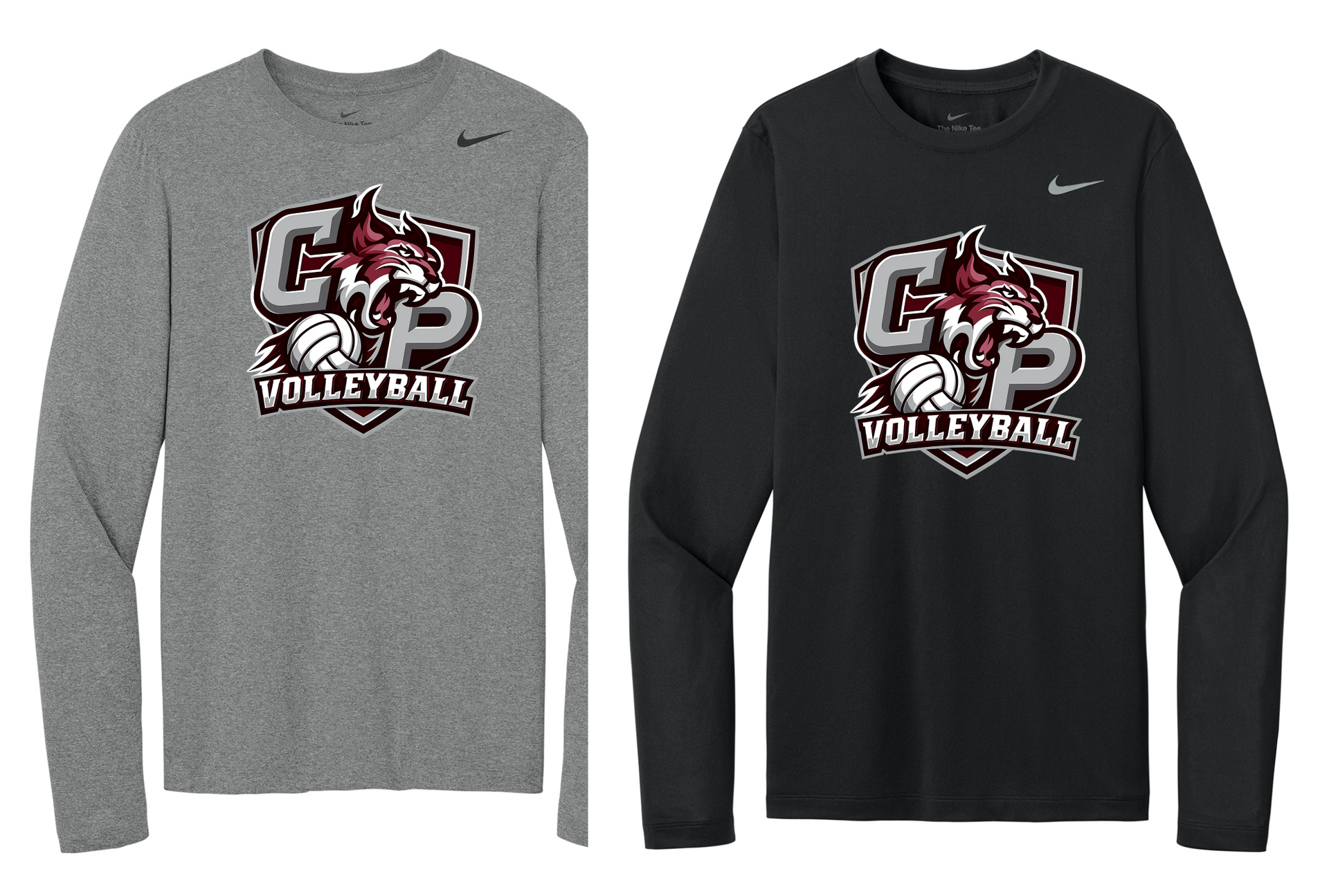 Gray and black long-sleeve shirts with a volleyball team logo on the chest.