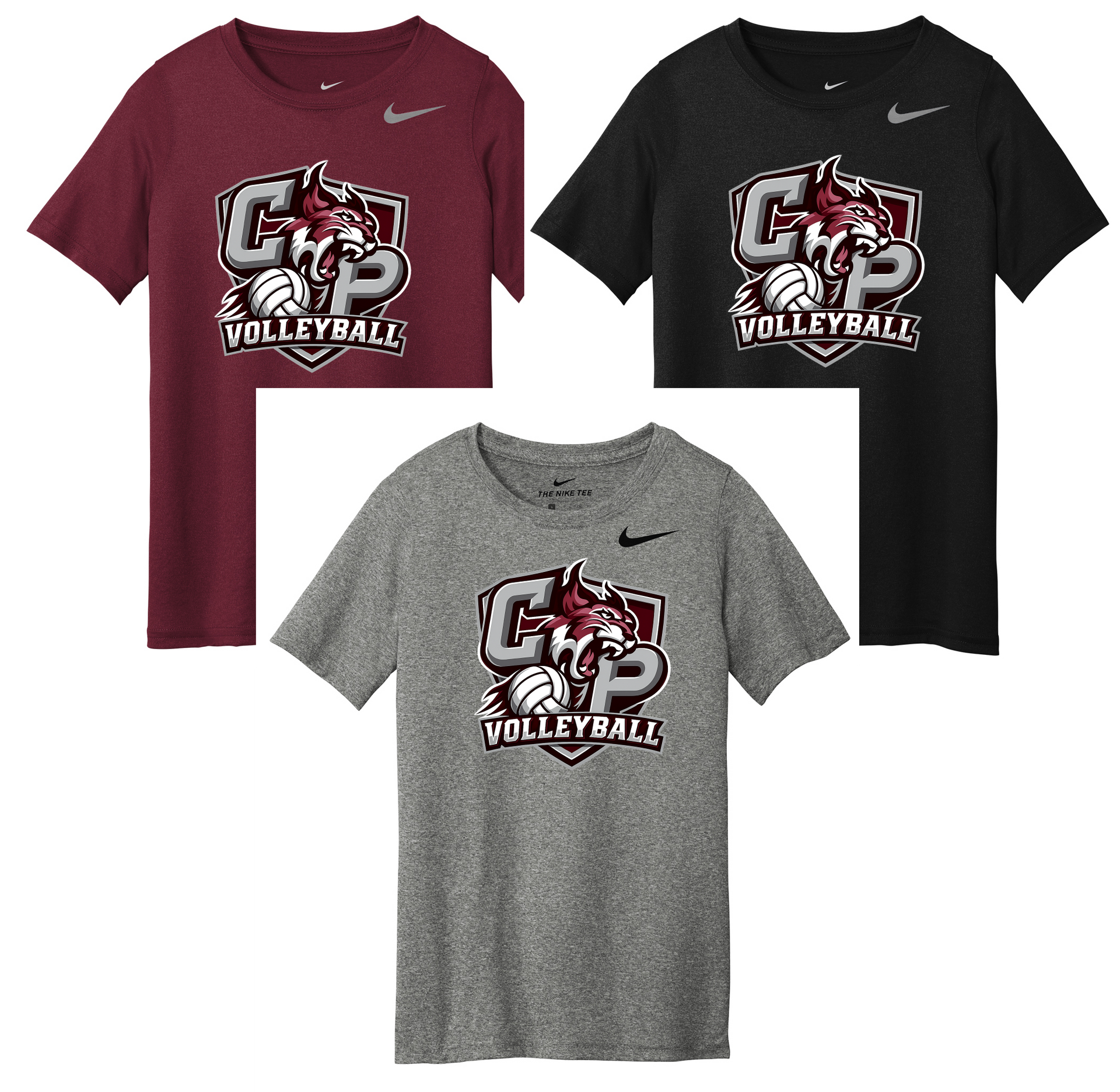 Three volleyball T-shirts in maroon, black, and gray with a mascot graphic and Nike logo.