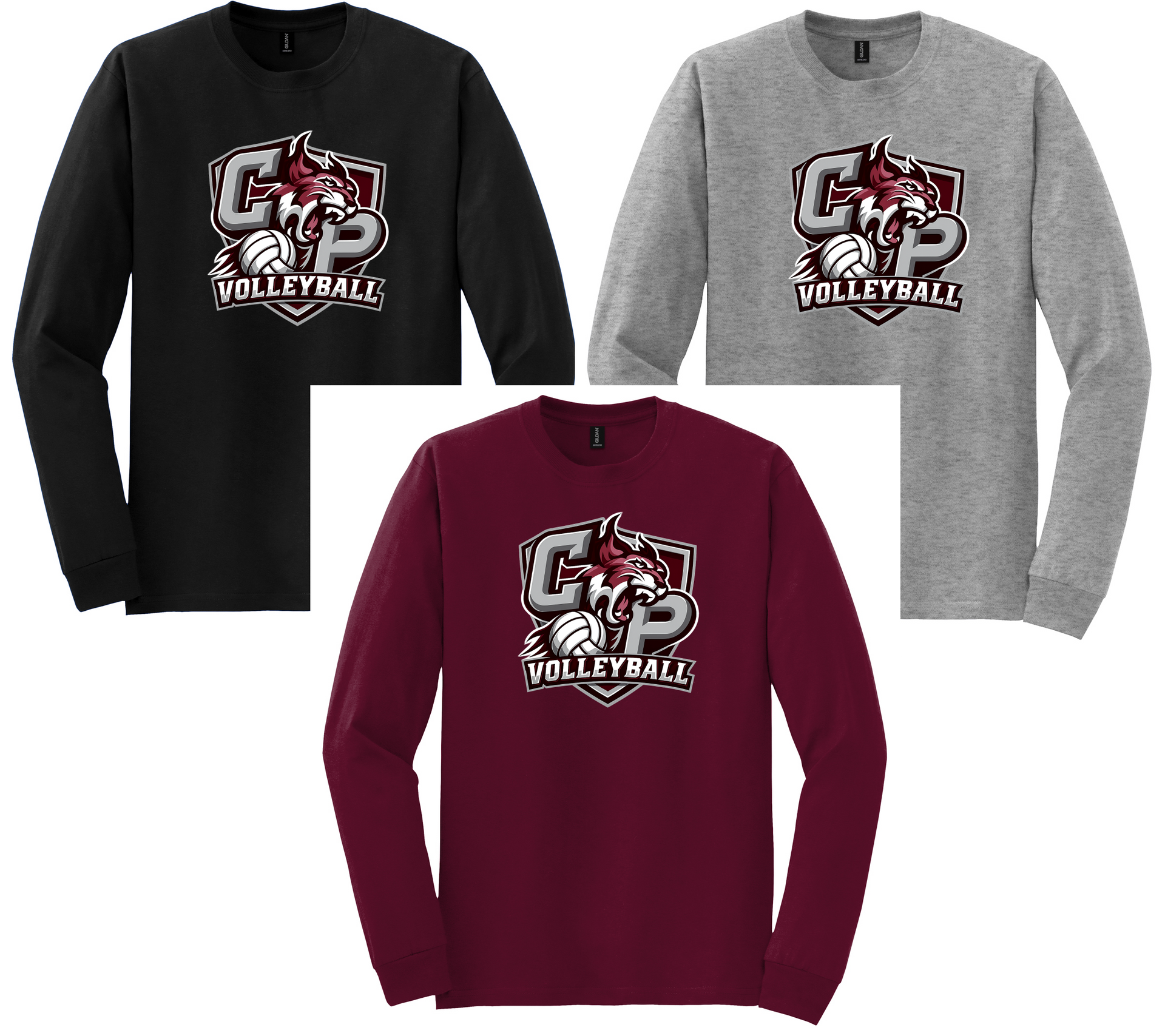 Three volleyball long-sleeve shirts in black, gray, and maroon with a team logo.
