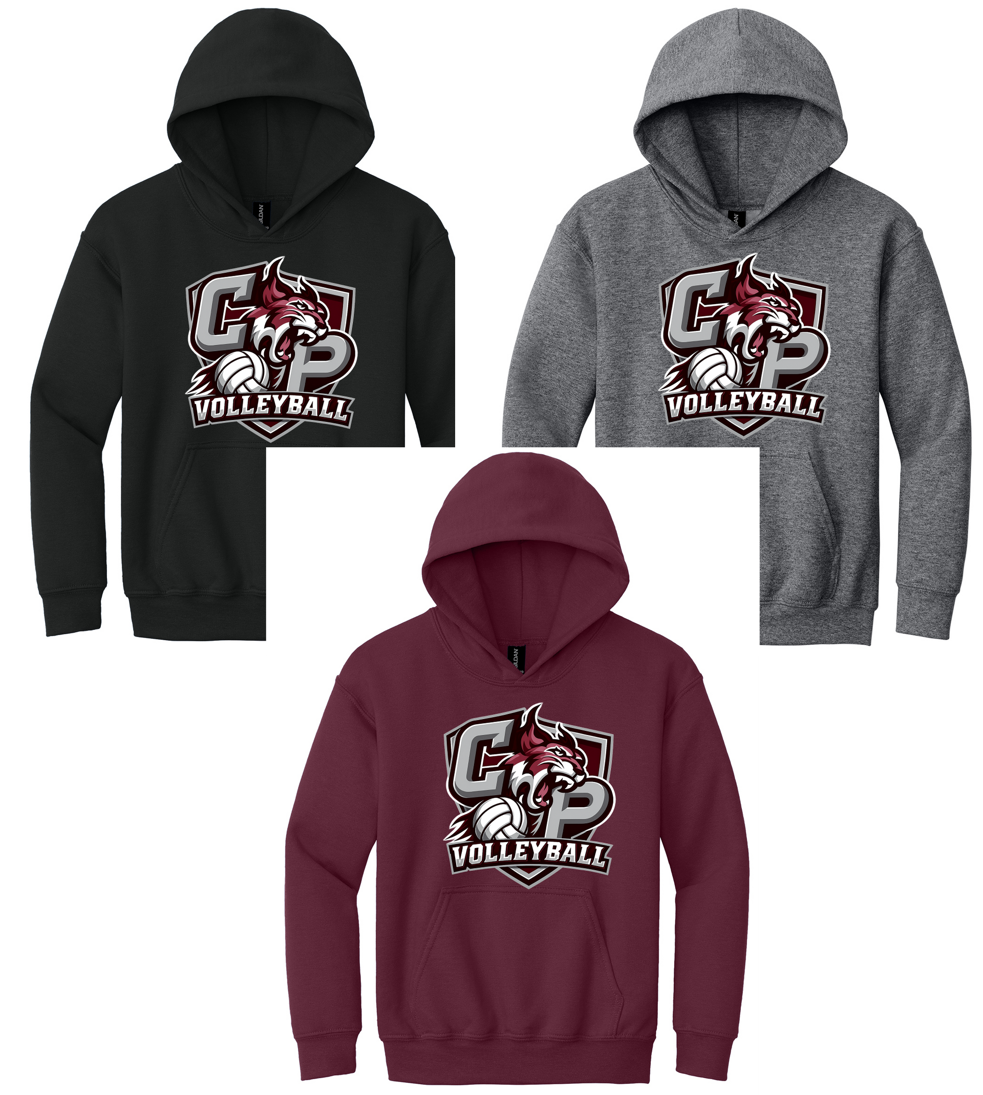 Three hoodies in black, gray, and maroon with a football graphic on the chest