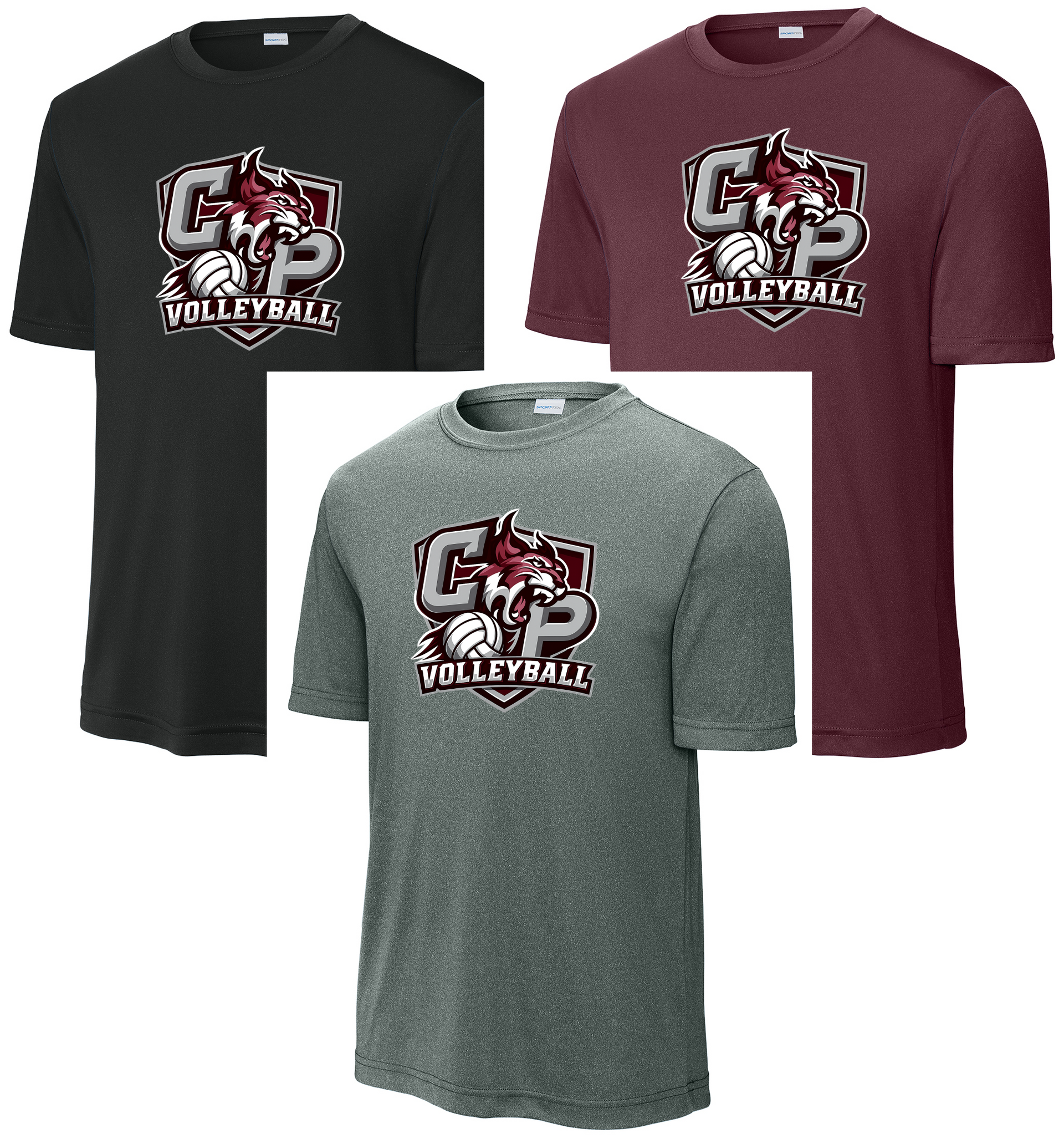 Three college-logo T-shirts in black, maroon, and gray heather on a white background