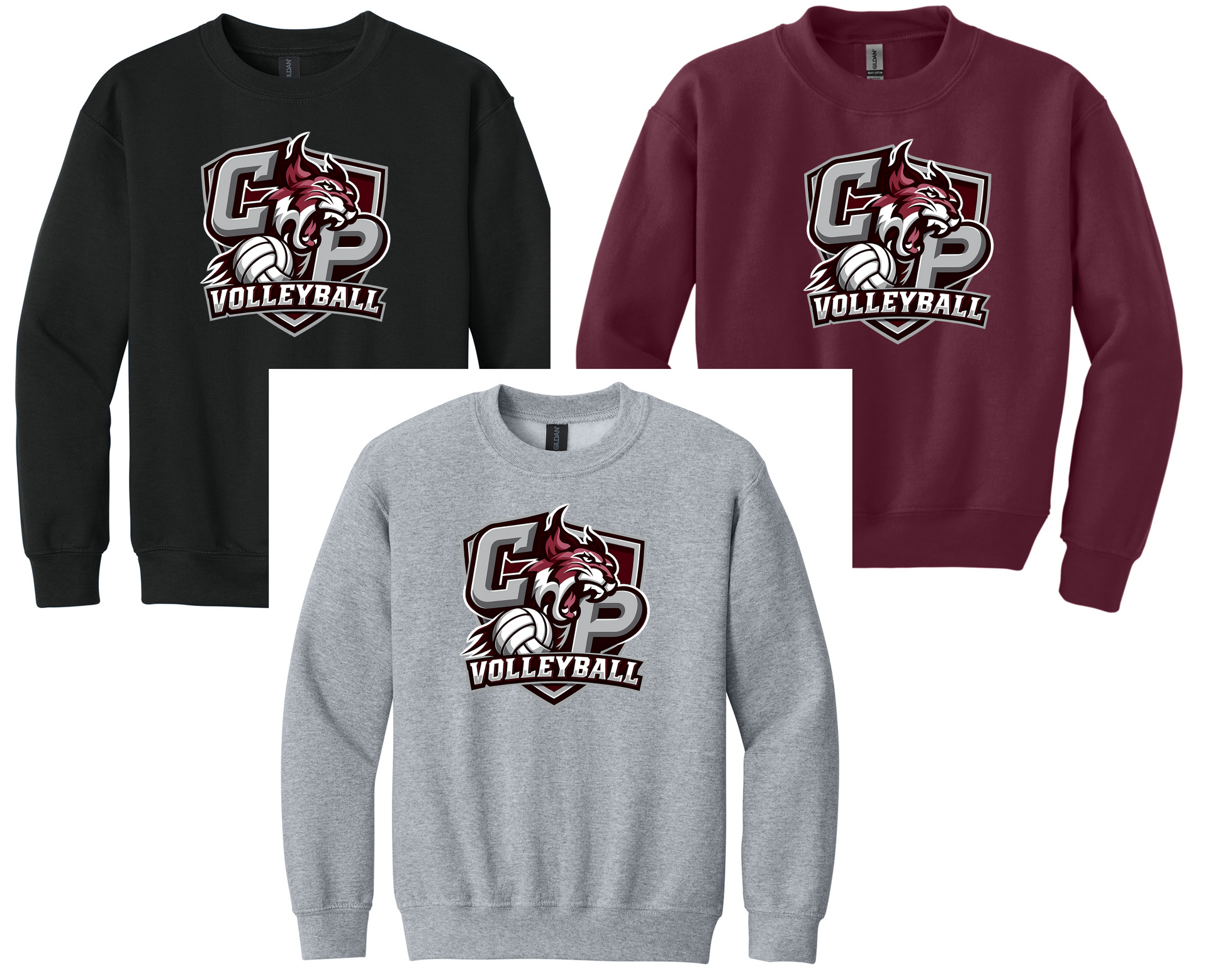 Three sweatshirts with a volleyball logo: black, maroon, and gray.