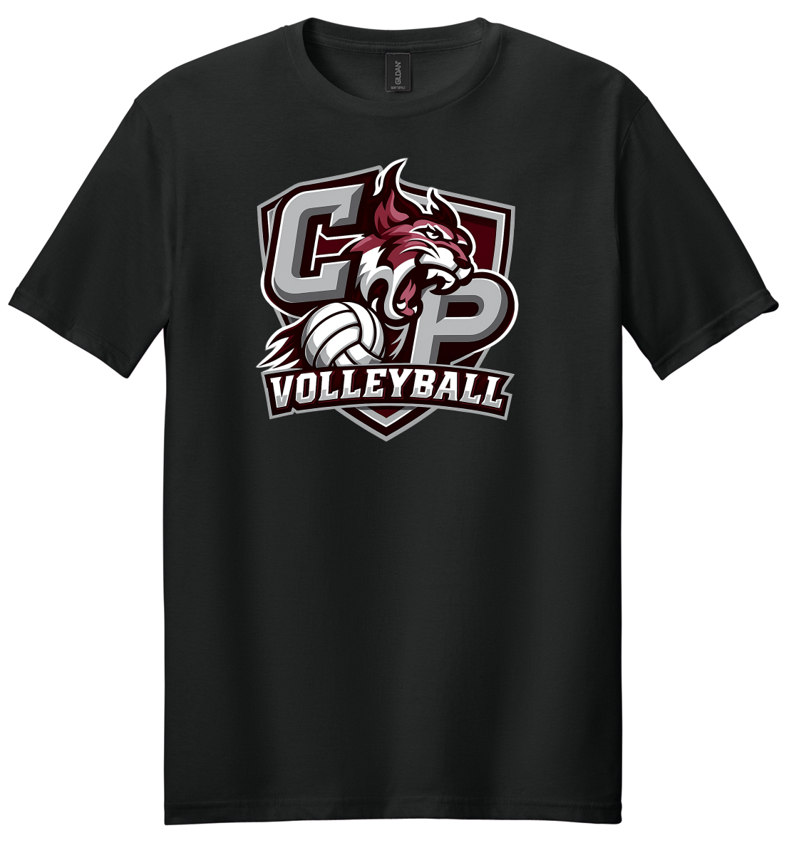 Black T-shirt with maroon and white “GOP Volleyball” logo centered on the chest
