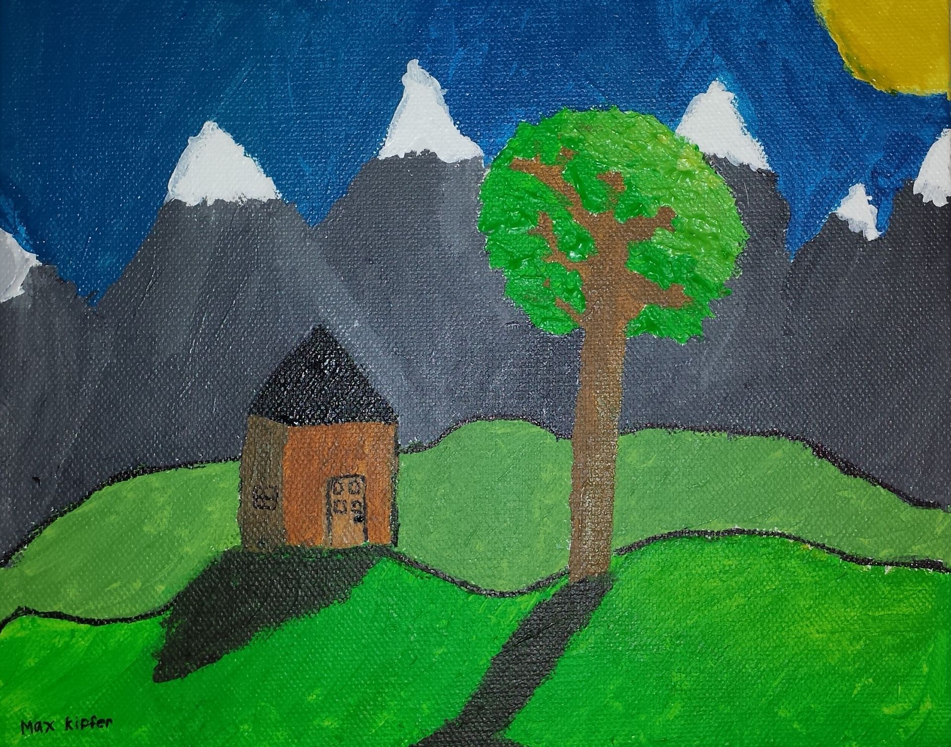 House and mountains painting