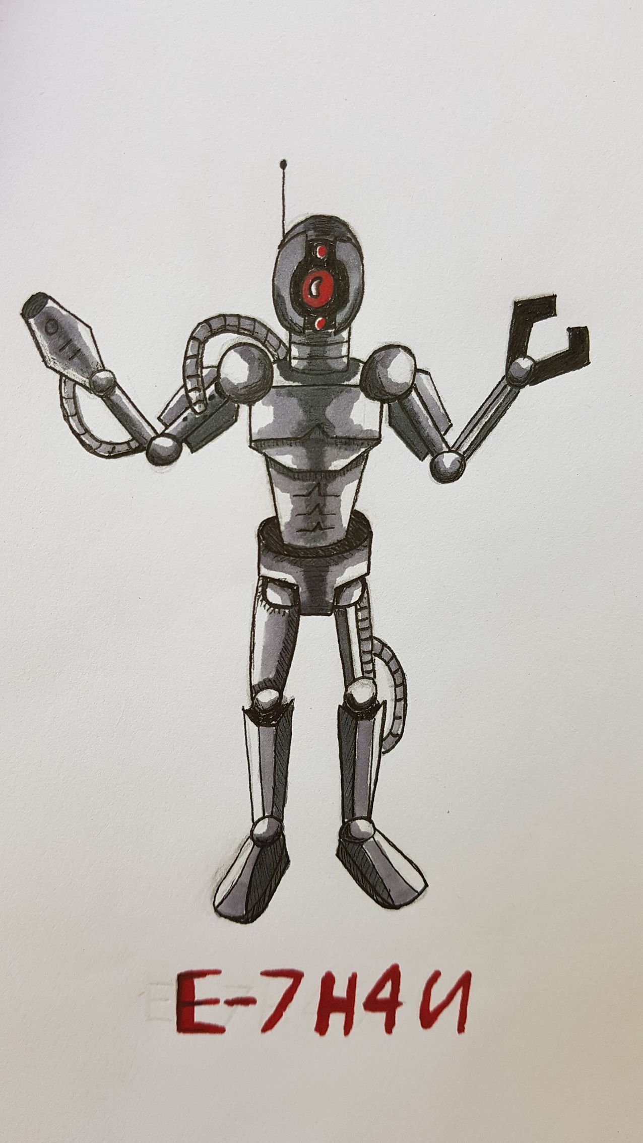 Robot named E-7H4U, silver body, single red eye, antenna, and two mechanical arms with different end attachments.