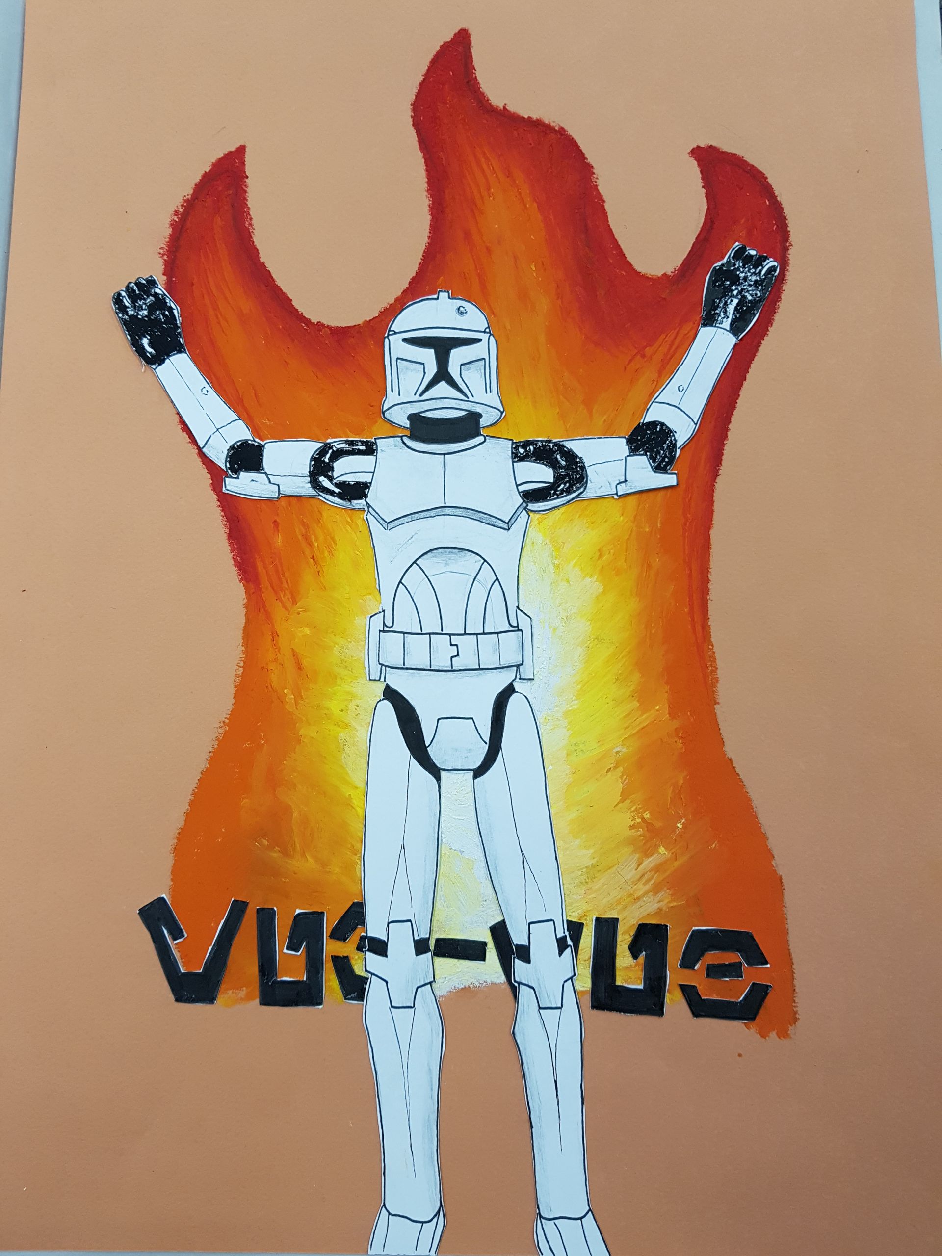 Clone trooper in white armor with arms raised against an orange flame background and 