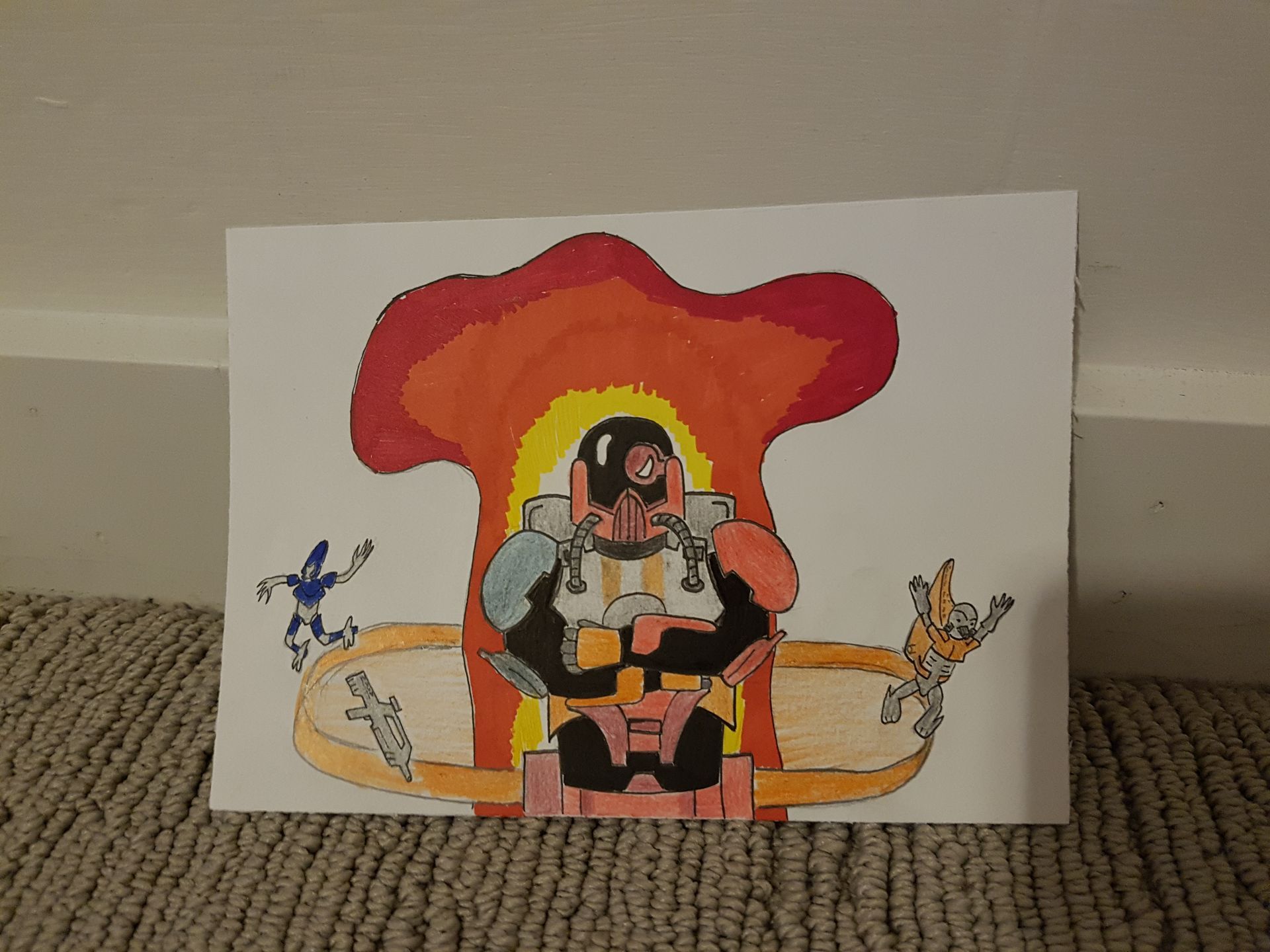 A drawing of a figure in orange armor, seated with a fiery halo, flanked by two smaller figures on a brown floor.