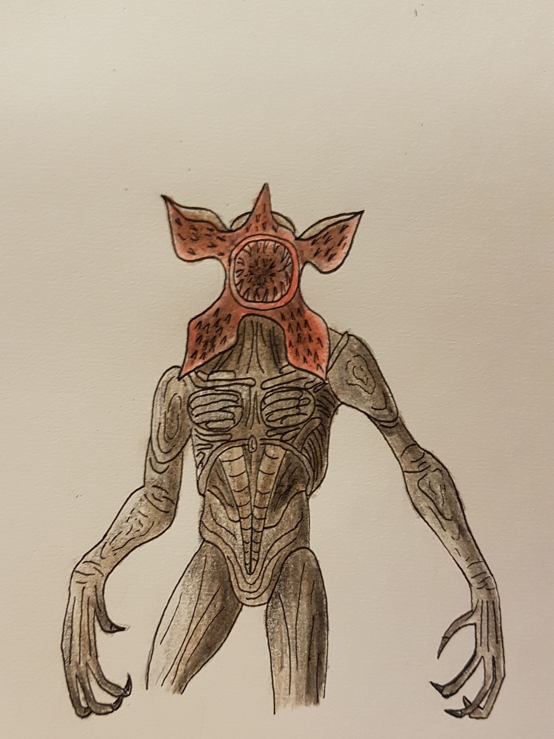 Demogorgon from Stranger Things, with a red petal-like face and sharp claws, stands with arms outstretched.