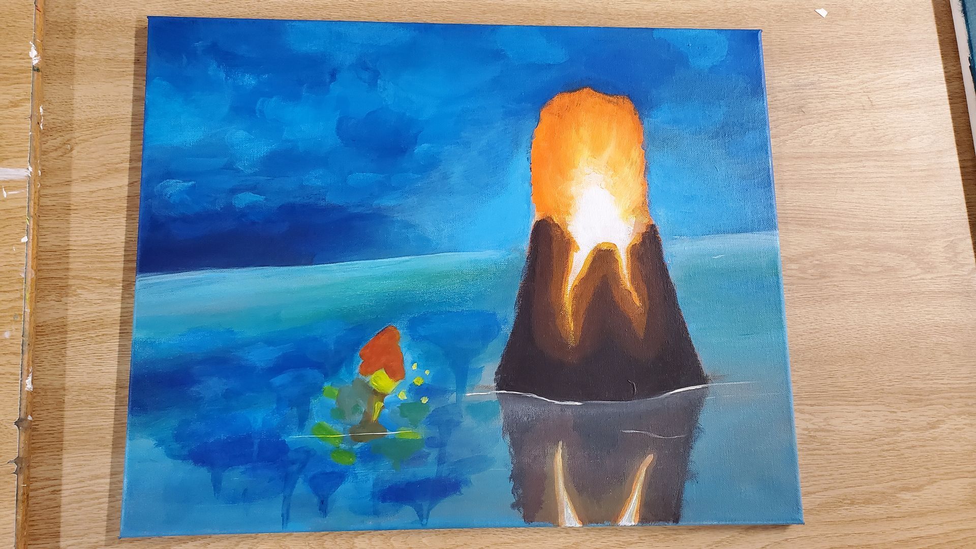 Painting of two luminous flame-like forms reflecting in water against a blue sky.