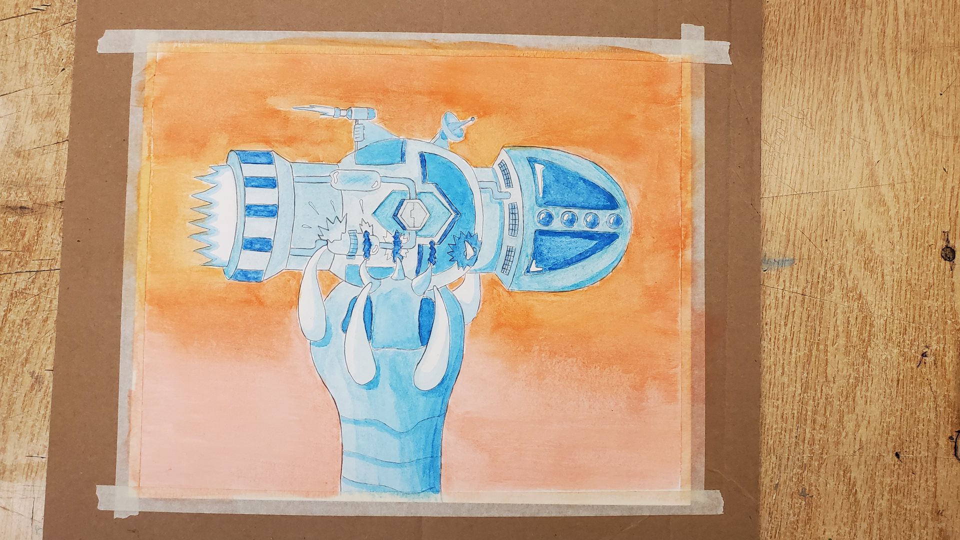 Watercolor painting of a blue, futuristic weapon against an orange and peach background, taped on brown cardboard.