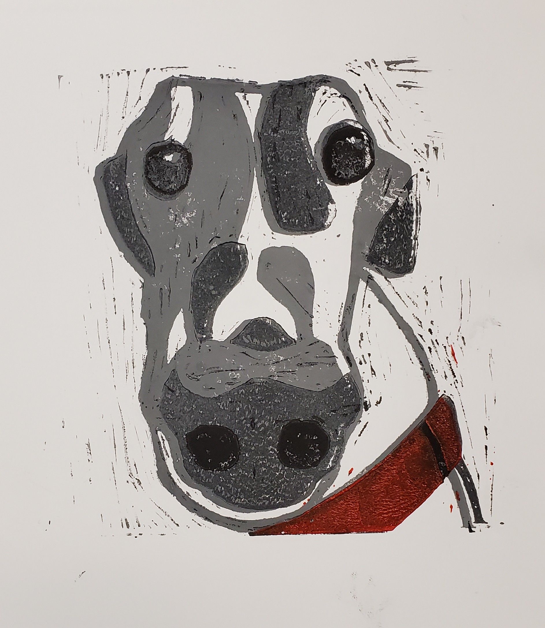 Linocut print of a dog's face, gray and white with a red collar, on a white background.