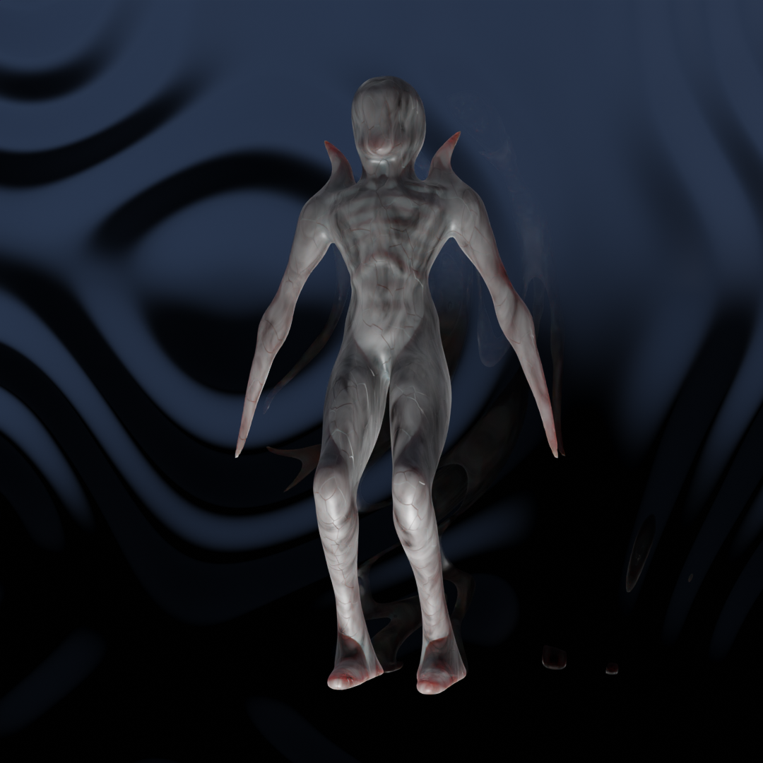 A pale, humanoid creature with long limbs, small head, and two back spikes stands in front of a blue, wavy backdrop.