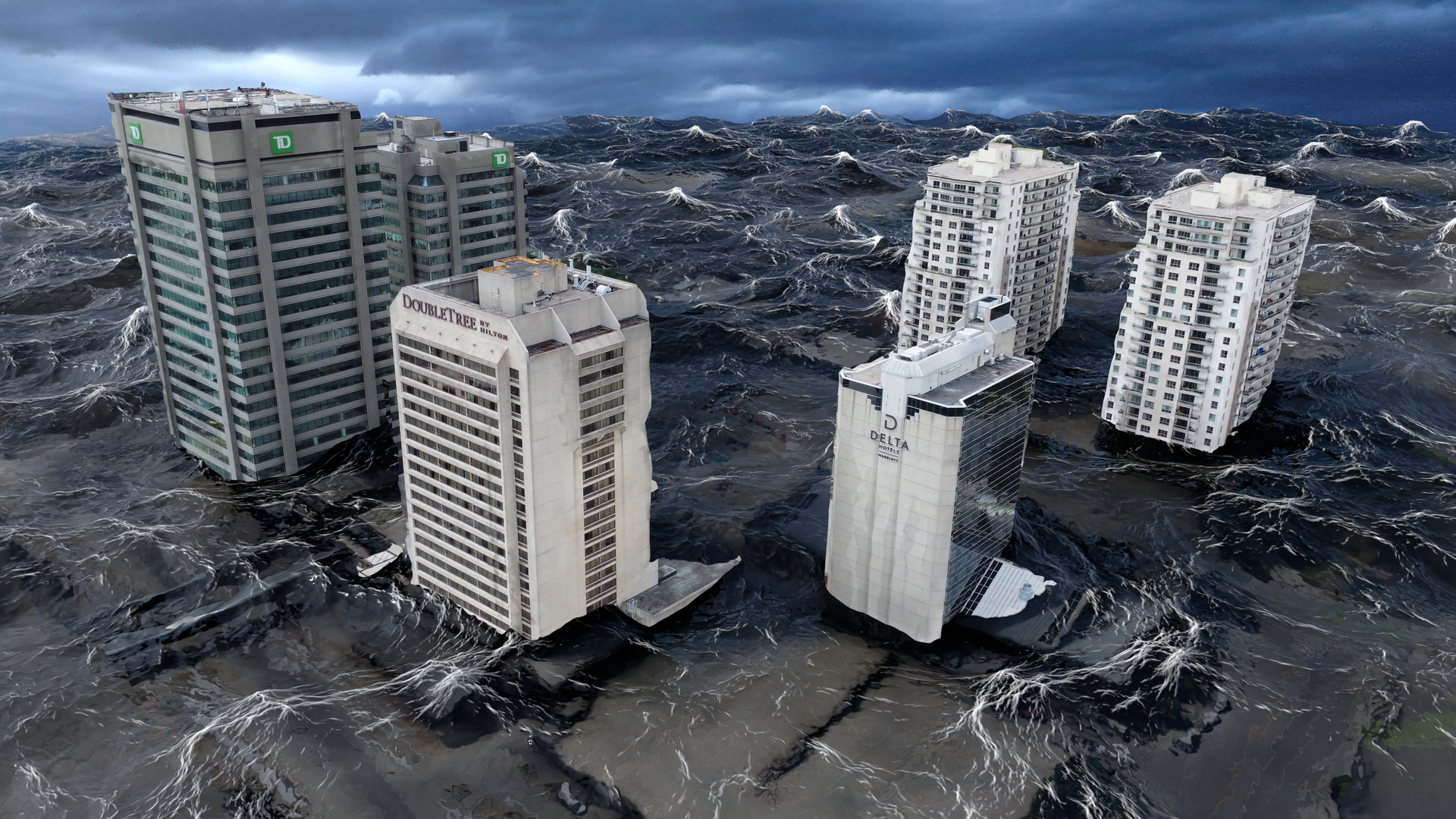 Buildings partially submerged in stormy ocean. Dark sky above.