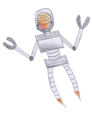 A gray robot with a head that appears to be filled with a glowing, orange brain, and claw-like hands.