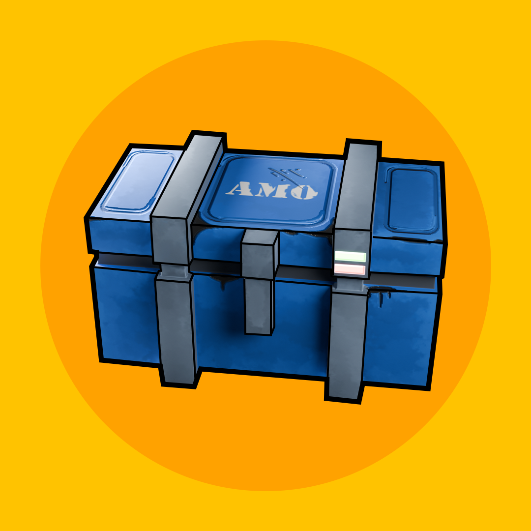 Blue, cartoon-style ammunition crate with silver straps, against a yellow circle.