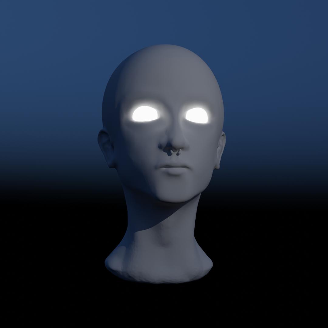 Gray head sculpture with glowing white eyes against a blue-black gradient background.