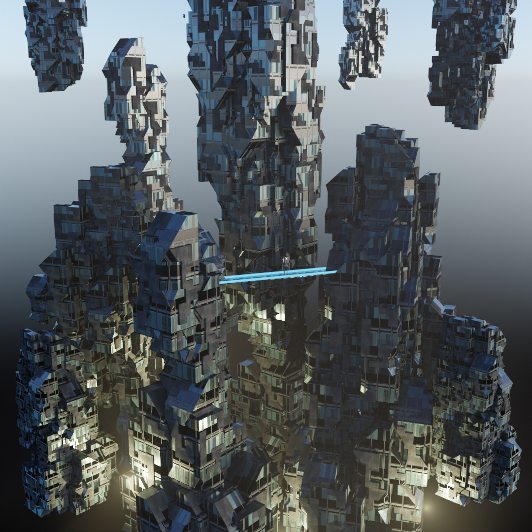 Floating metallic city structures connected by a glowing bridge.