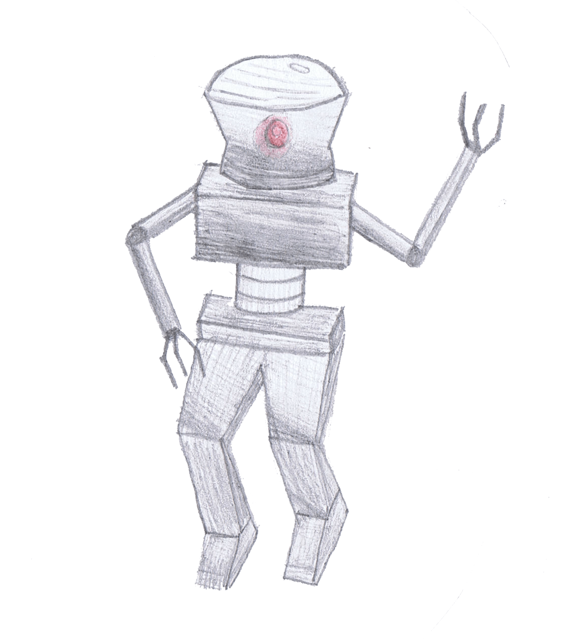 Robot with a bowl-shaped head, blocky body, and articulated limbs, raising one hand.