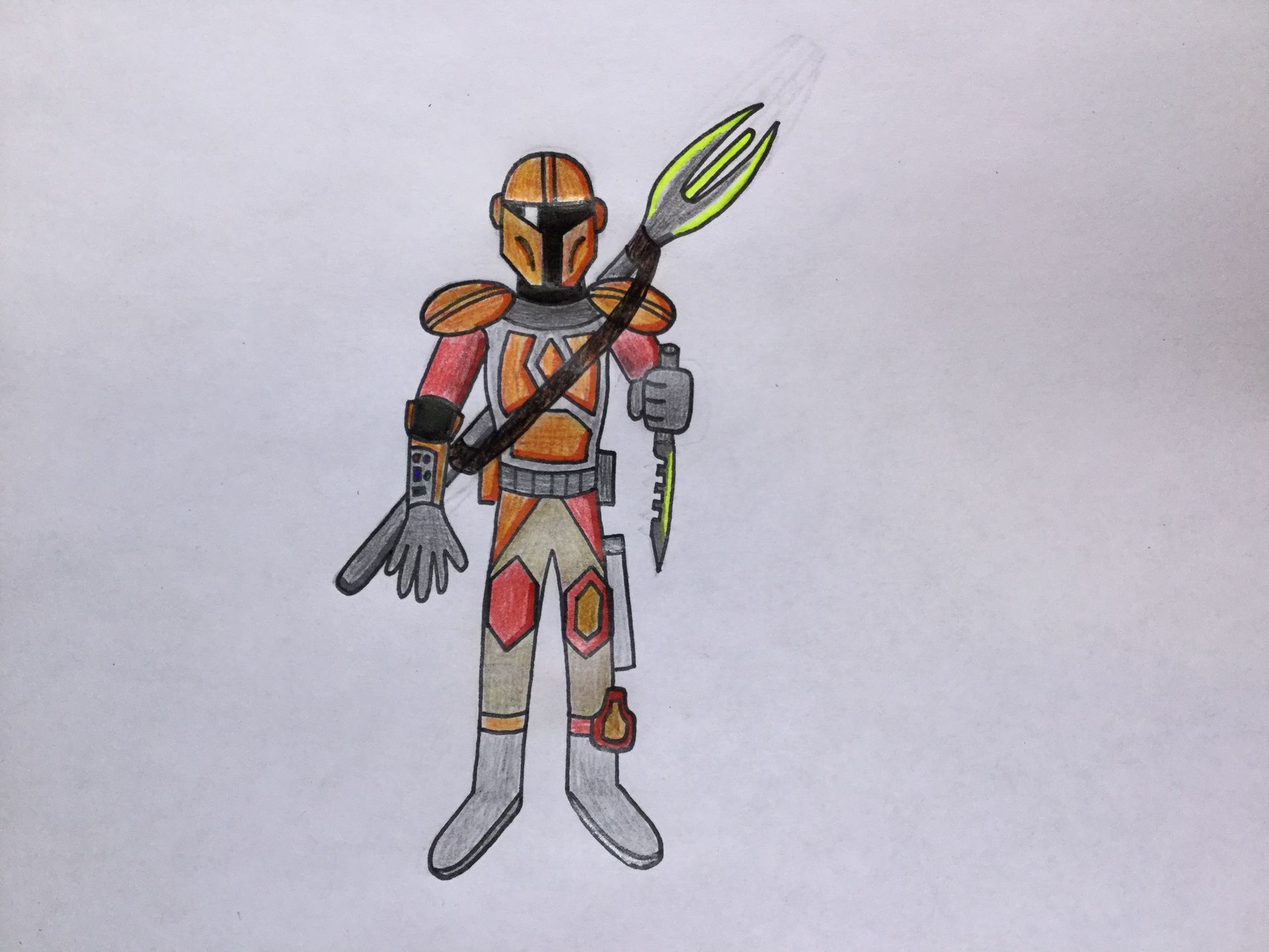 Mandalorian character in orange armor holding a spear and dagger. Cartoon drawing on white background.