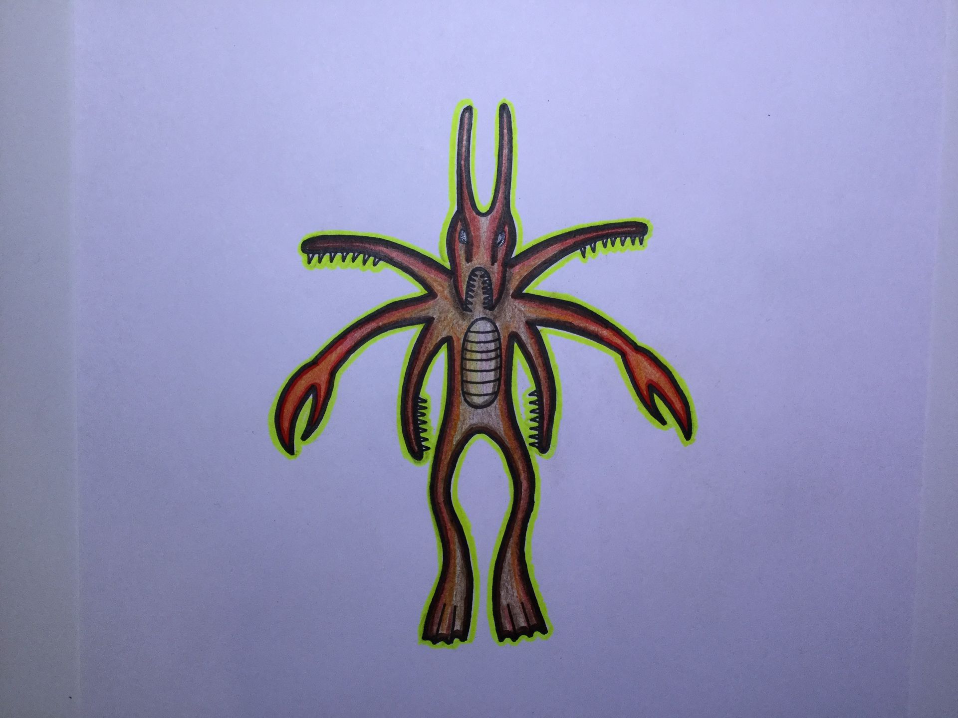 Cartoon-like brown creature with six arms and two antennae on a pale purple background, outlined in neon green.