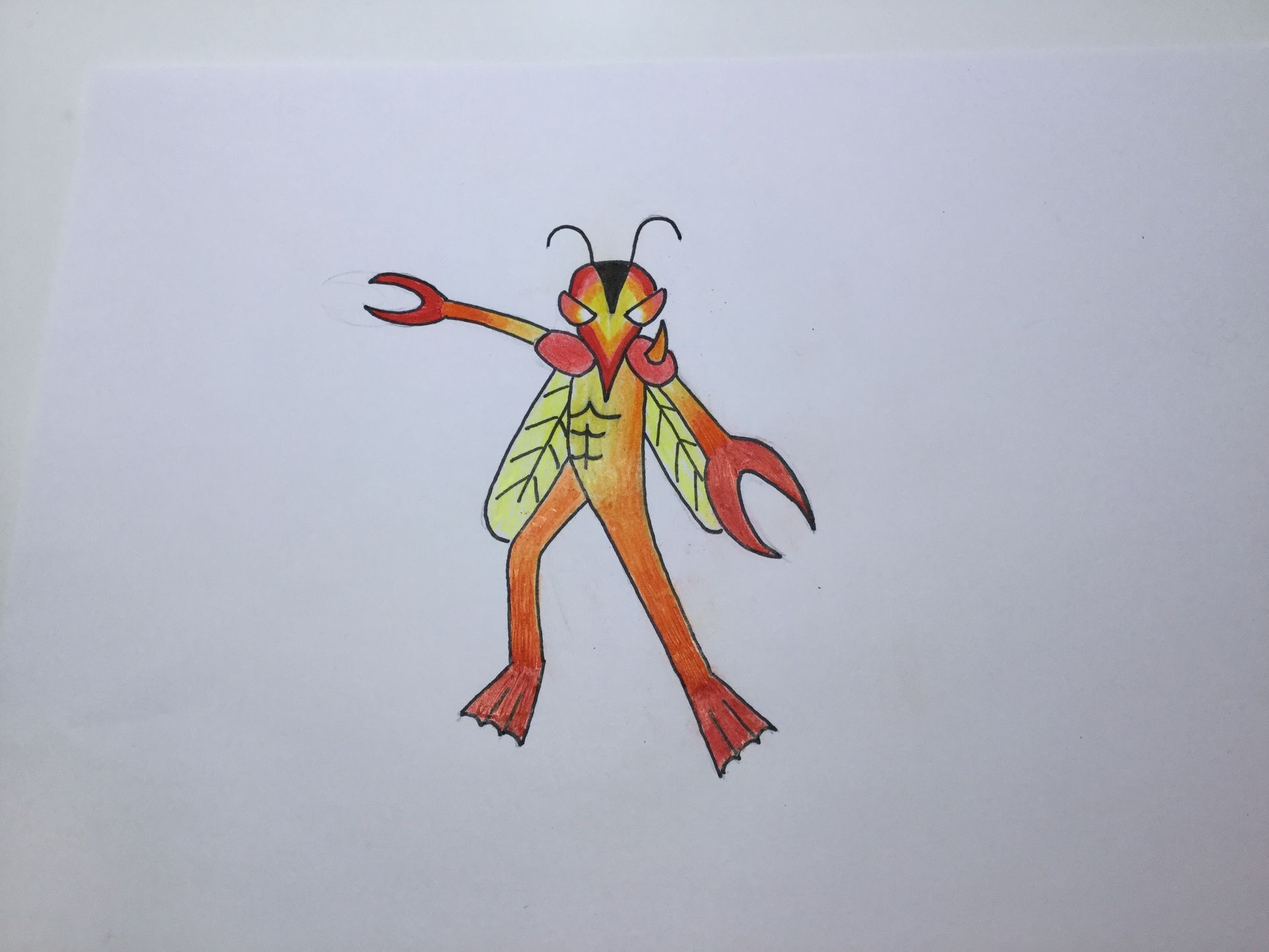 Cartoon insect creature with orange body, crab-like claws, and yellow wings, on a white background.