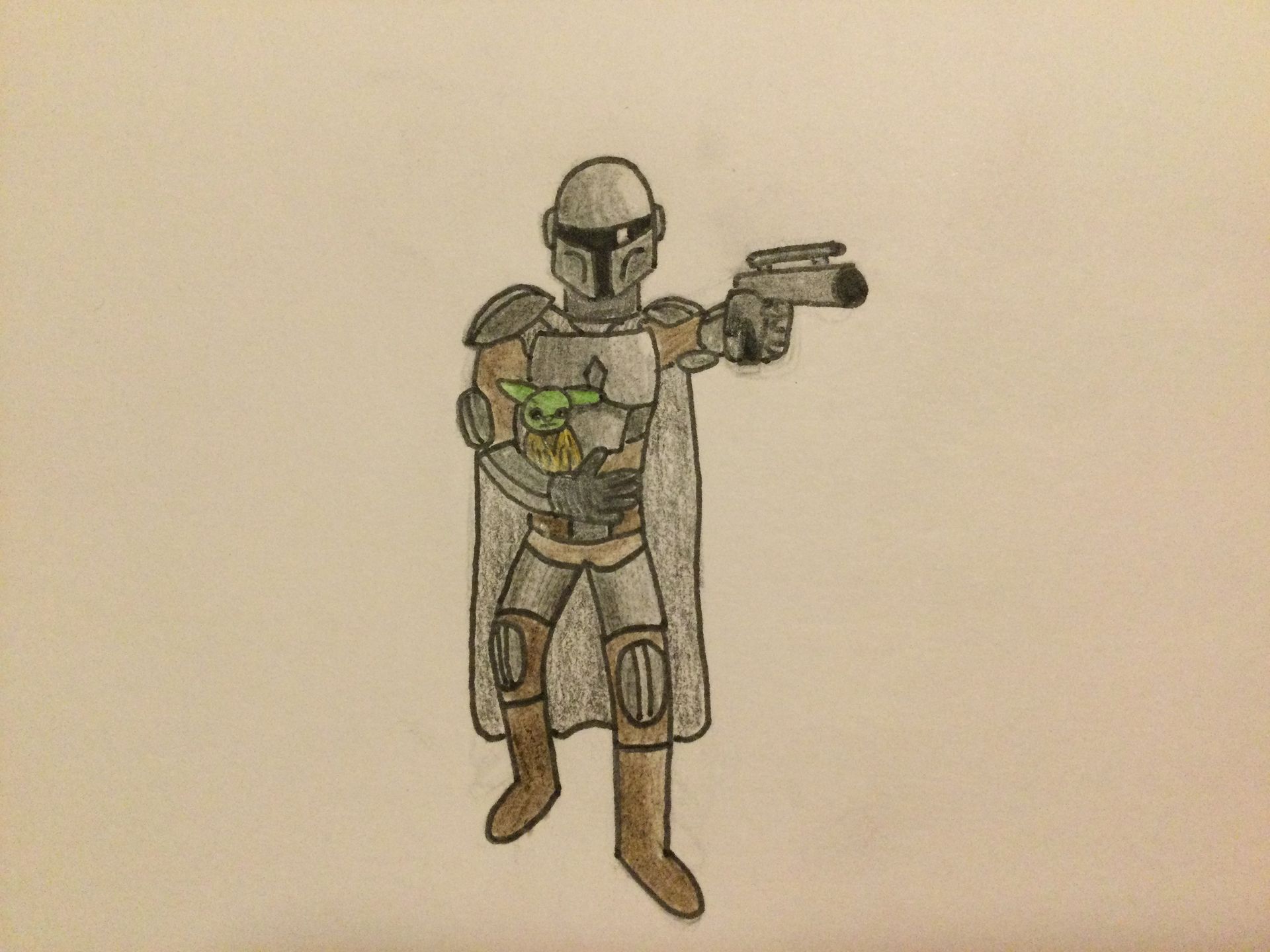 Mandalorian holding Grogu, aiming a blaster. Gray armor, brown boots, white cape.
