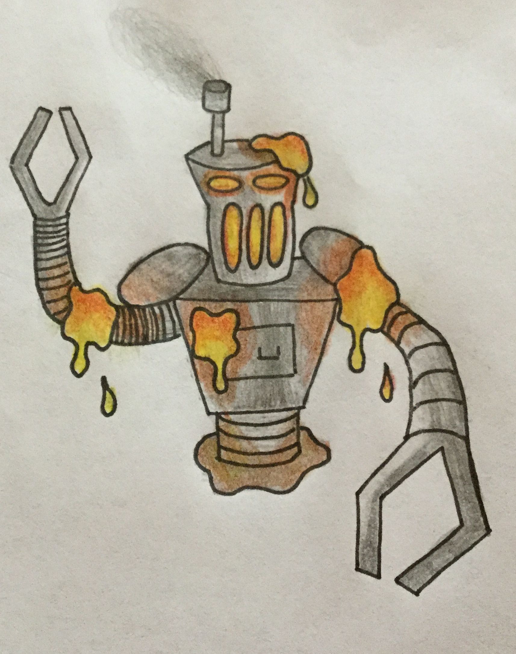 Robot with claw hands and a smokestack, covered in orange goo.