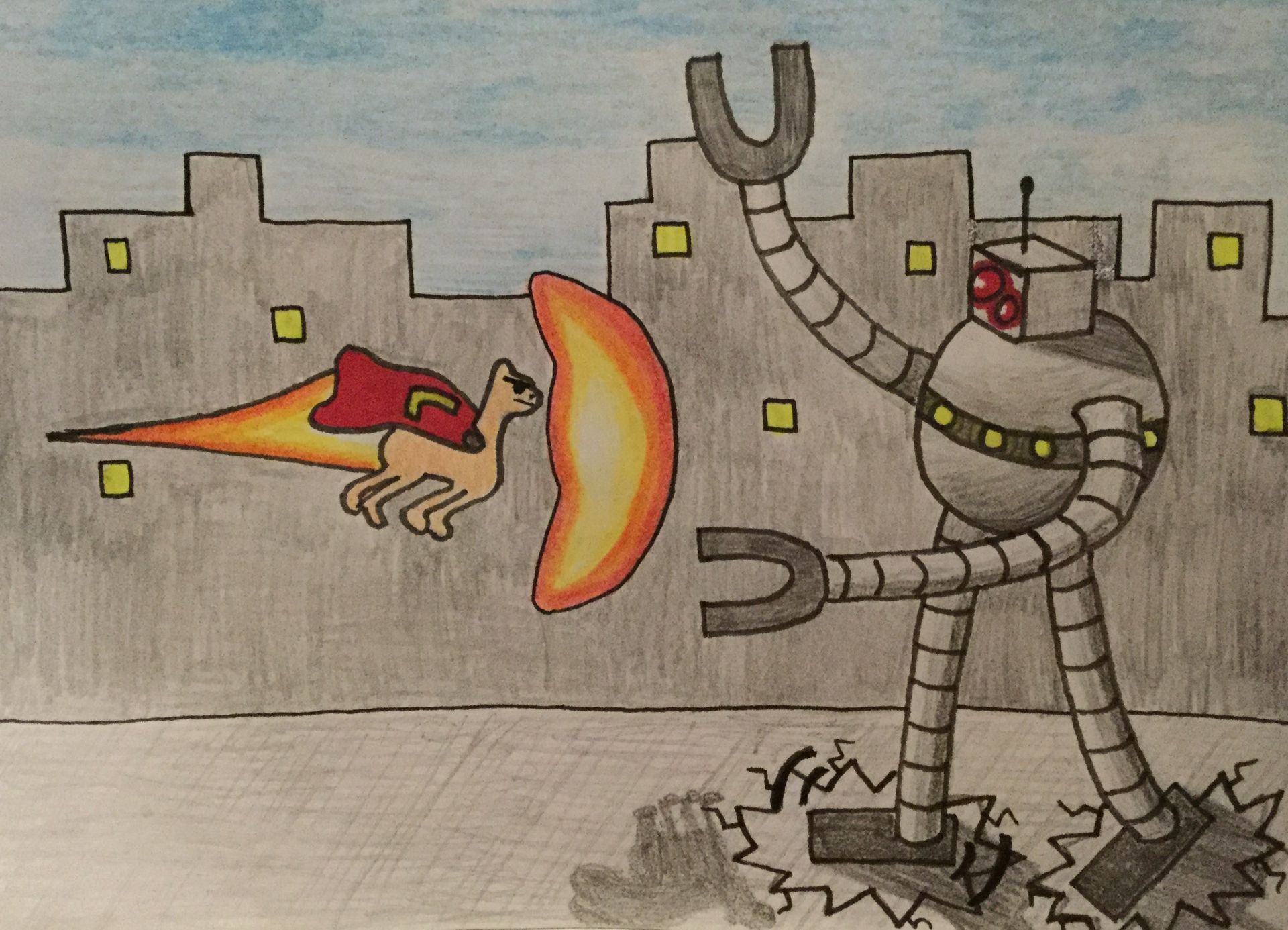 Superhero cat blasting fire at a tall robot in a city setting.