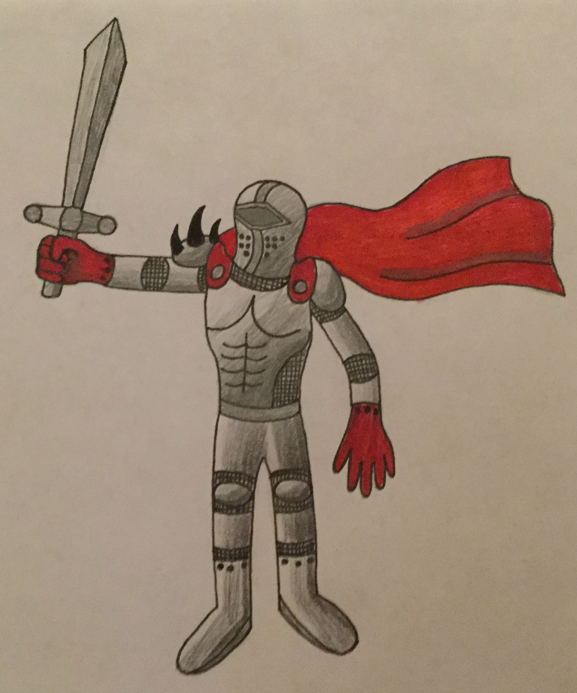 Knight in silver armor, red cape and gloves, holding a sword up in a fighting stance.
