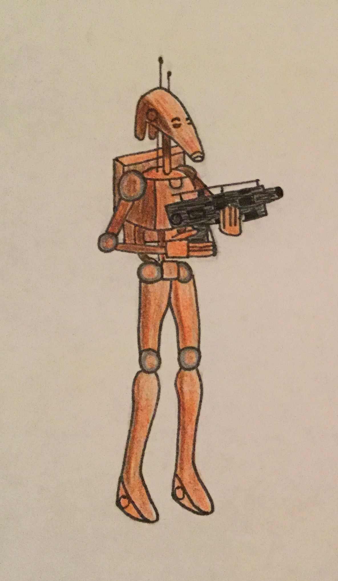 Droid with orange plating, holding a black blaster.