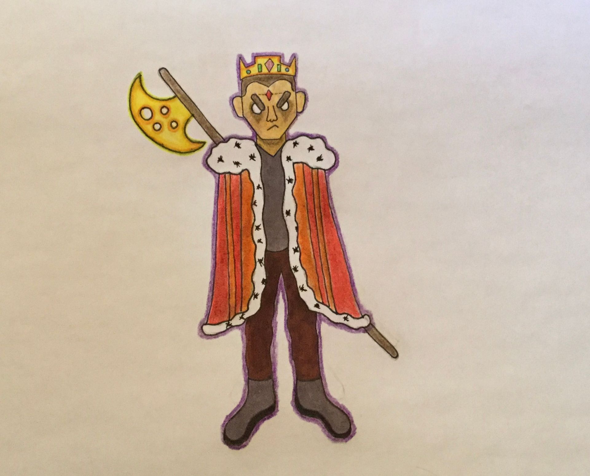 A king with a golden crown and cheese-shaped axe in a red and gold robe with a stern expression.