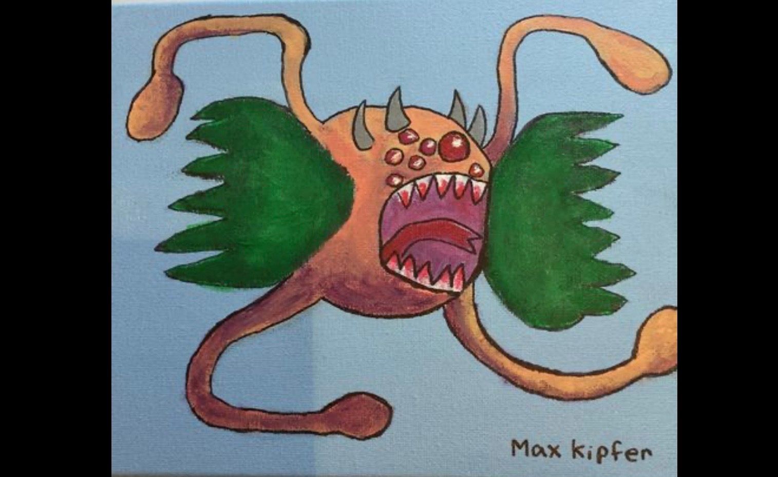 Orange monster with sharp teeth, large green wings, and long arms.