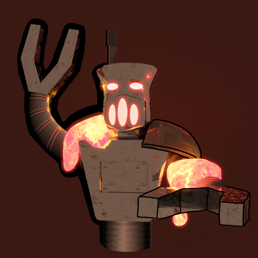Robot with glowing lava-like features, raising a claw arm. It has a box-like hand.