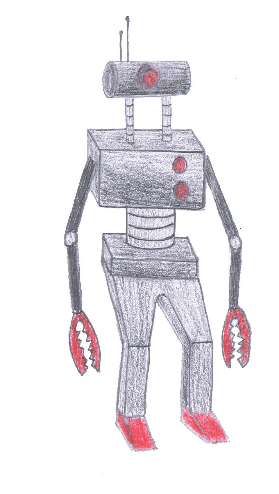 Robot with red eyes, claws, and feet. Gray body with cylindrical head, box torso, and jointed limbs.