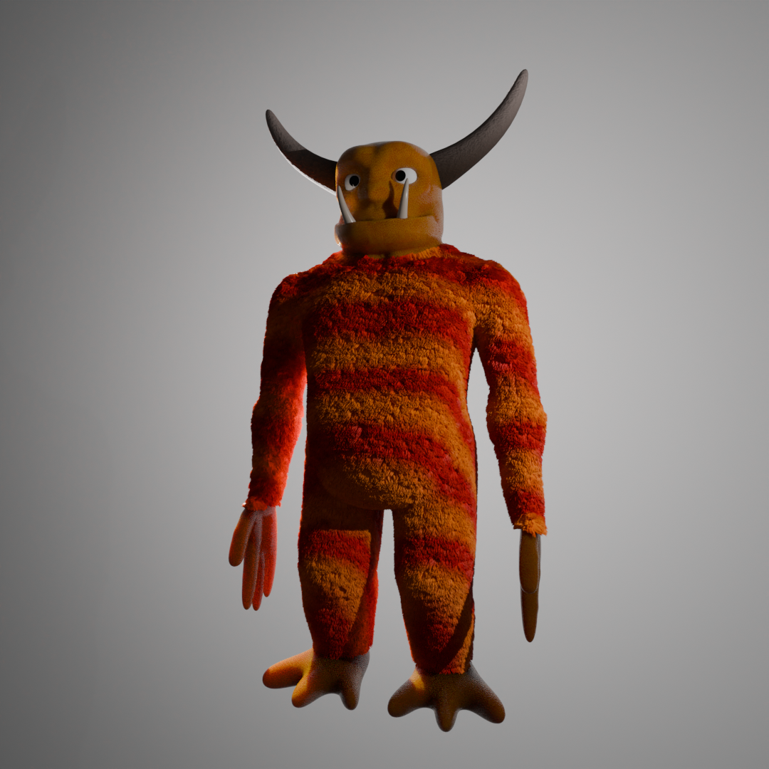 A fuzzy orange-striped creature with horns, a tear, and bird-like feet.